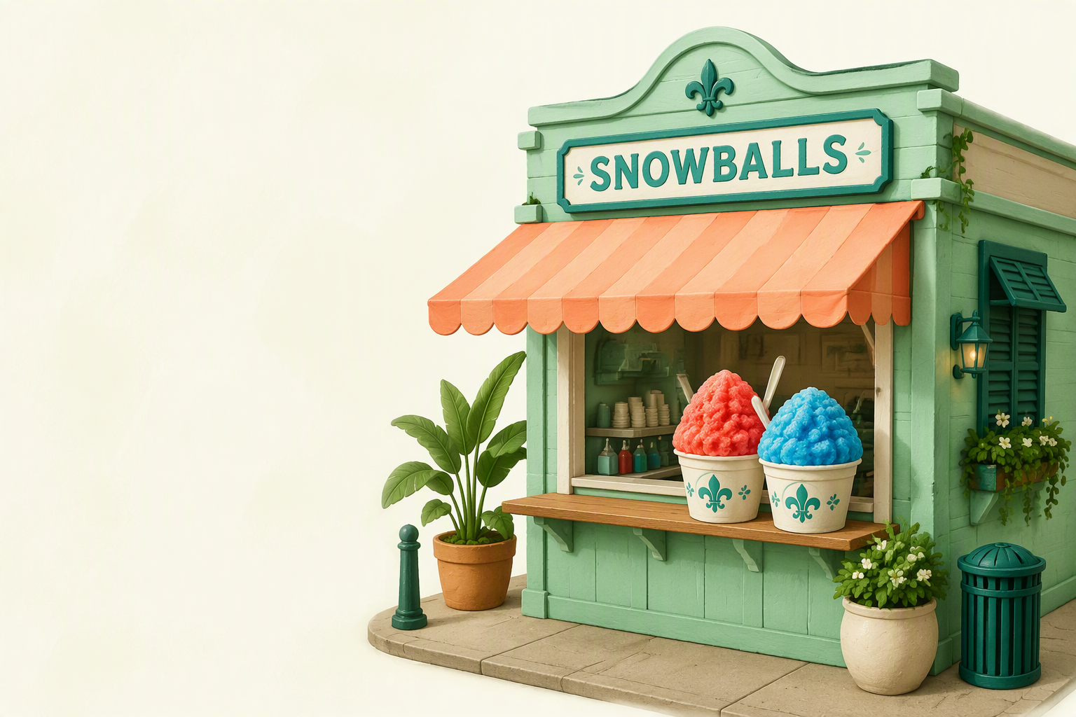 Illustrated neighborhood snowball stand with colorful shaved ice